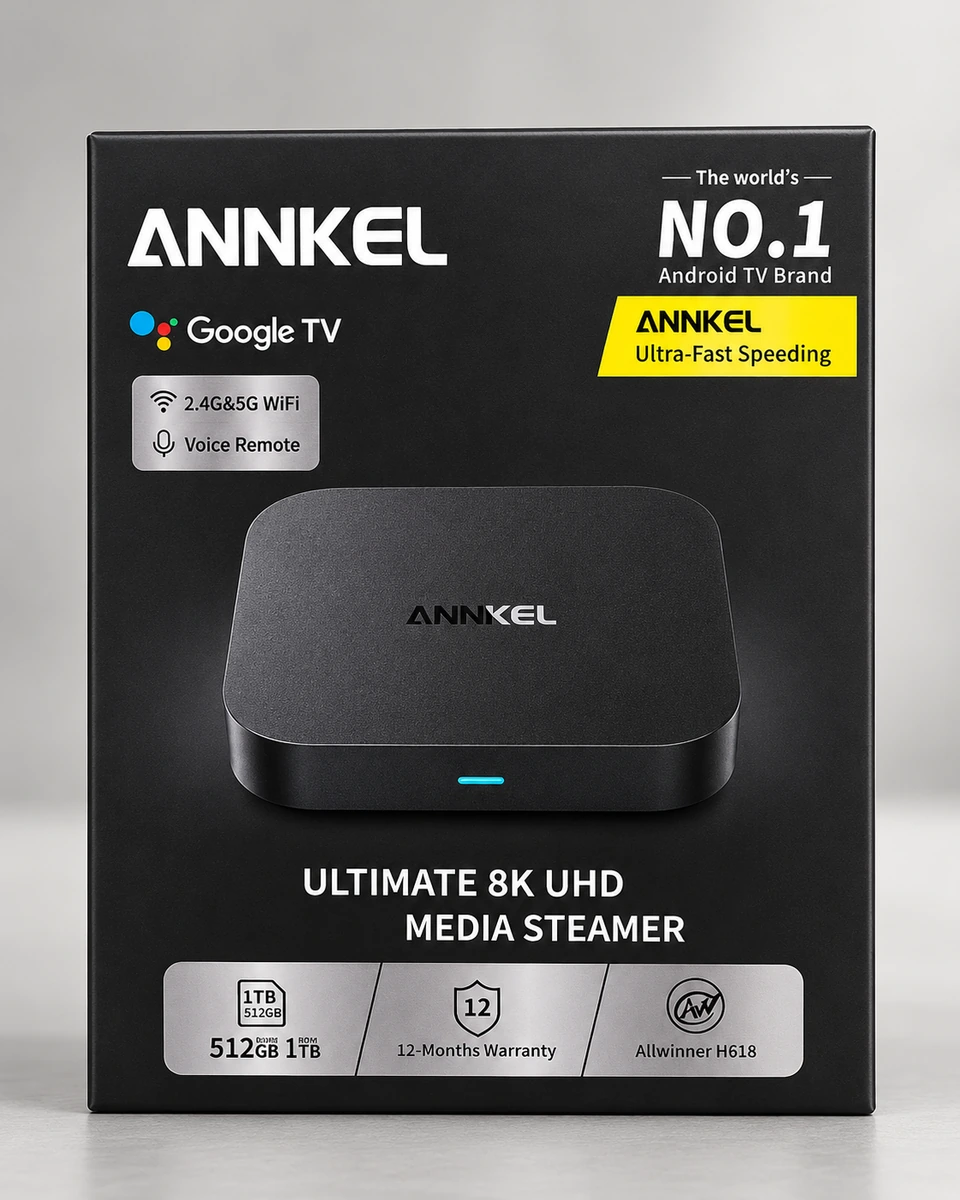 علبة جهاز ANNKEL 8K للبث التلفزيوني مع صورة الجهاز والريموت