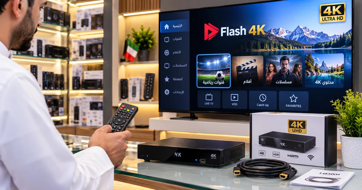 رسيفر 4K مع ريموت تحكم وشاشة تعرض واجهة فلاش داخل متجر إلكترونيات