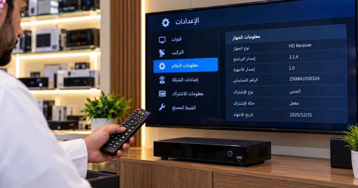 شاشة تلفزيون تعرض معلومات جهاز الرسيفر وحالة الاشتراك وشخص يستخدم الريموت